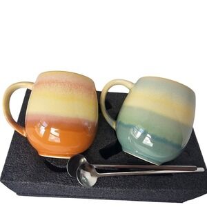 Stoneware Coffee Mug Set Colorful Glaze Ceramic Cups with Spoons Cocoa Tea Cozy